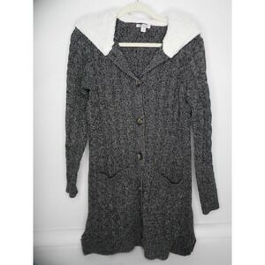 Denim & Co D &‎ Co. Sherpa Lined Hood Cable Knit Cardigan Charcoal M Medium EUC